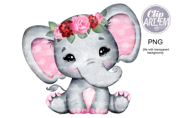 Charming Maroon Pink Floral Crown Elephant PNG